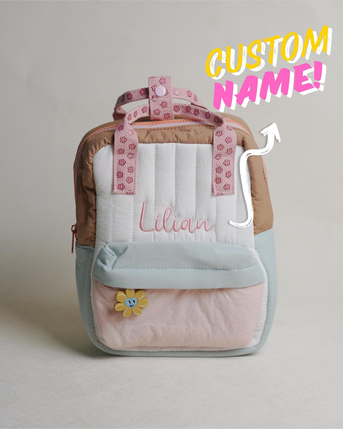 Custom Name Quilted Mini Backpack for Toddlers – Soft Pastel Preschool Bag with Front Pocket