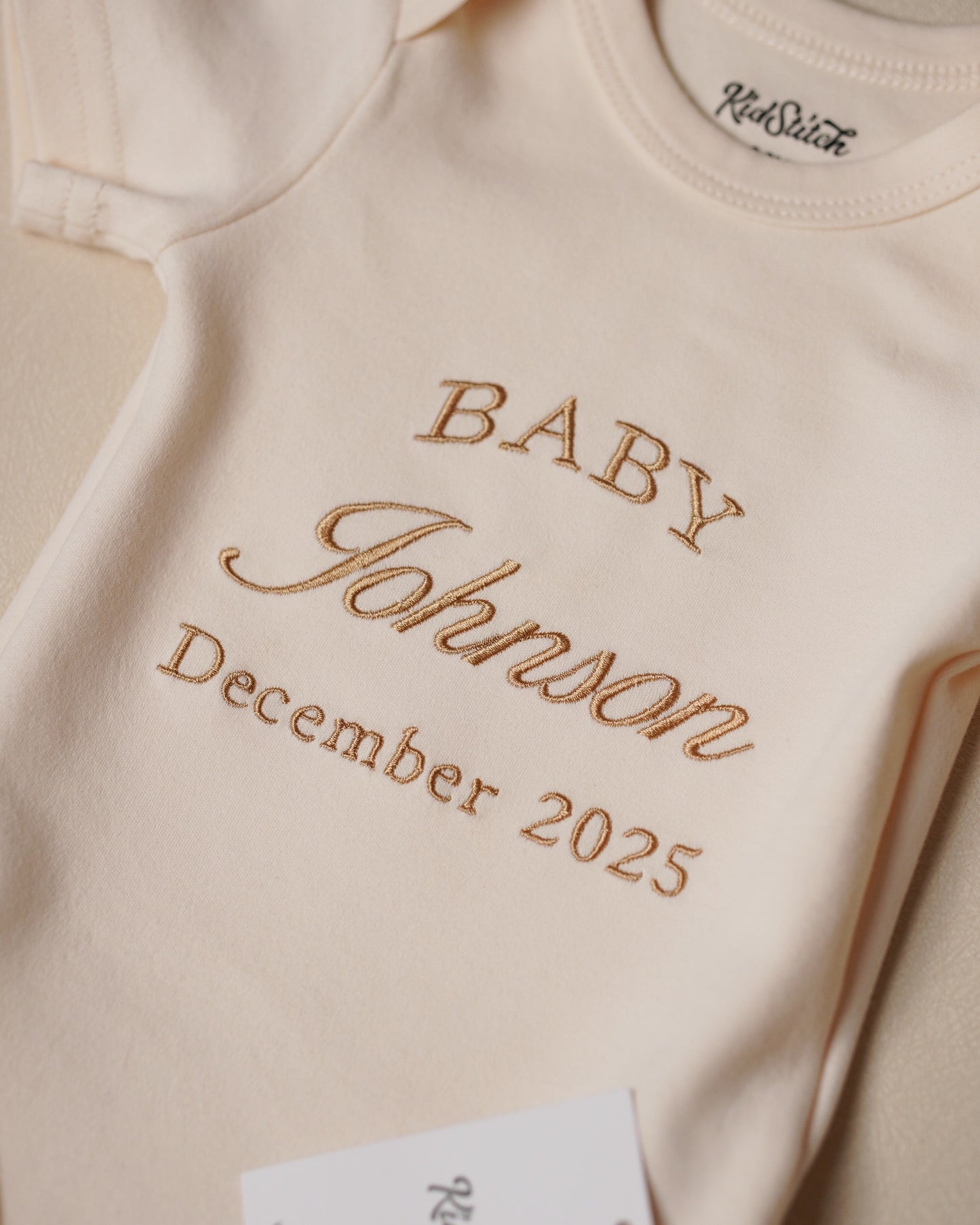 Personalized Embroidered Baby Announcement Bodysuit. Natural Color