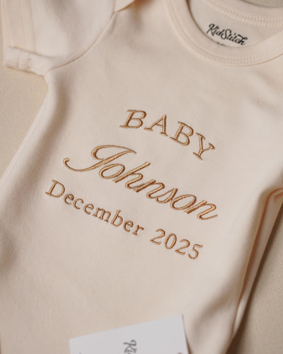 Personalized Embroidered Baby Announcement Bodysuit. Natural Color