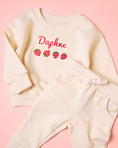 Embroidered Name Strawberry Outfit Sweatshirt Set