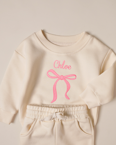 Cute Bow Outfit Embroidered with Custom Name - Sweatshirt Set